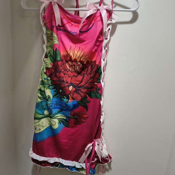 Ed Hardy Dresses & Skirts - Ed Hardy Style Pink Floral Lace-Up Dress